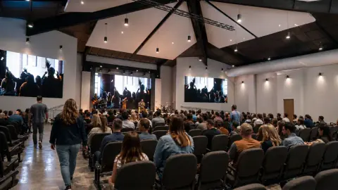Architectural rendering of the 3D Community Church auditorium in Sanford, NC, with a high exposed-beam ceiling, stage lighting and large screens on each side of the stage, designed by Ossa Studio.