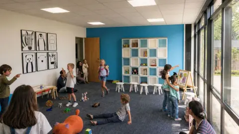 Architectural rendering of a children's classroom at 3D Community Church in Sanford, NC, with a blue accent wall, cubby shelving and floor-to-ceiling windows, planned by Ossa Studio.