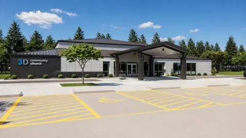 Architectural rendering of the 3D Community Church entrance in Sanford, NC, with a gabled drop-off canopy, light and dark façade panels and accessible parking, a new church building by Ossa Studio.