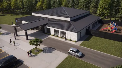 Aerial architectural rendering of the side of 3D Community Church in Sanford, NC, with the covered drop-off, fenced children's playground and walkways, designed by Ossa Studio.
